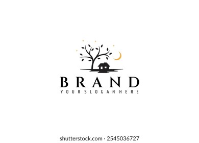 House silhouette logo under tree decorated with moon and stars in flat design