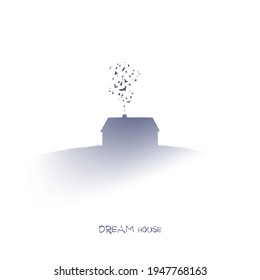 House silhouette on hill. Flock of birds. Isolated ink element