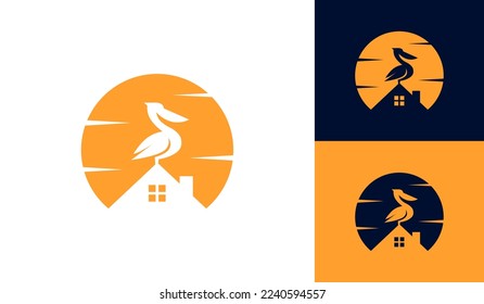 House silhouette with pelican bird logo design vector