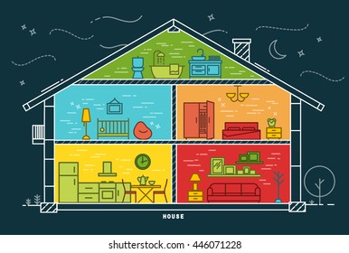House silhouette with rooms furnishings in flat style drawing with color lines on dark blue background