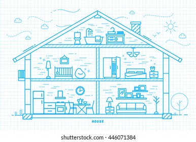 House silhouette with rooms furnishings in flat style drawing with light blue lines on squared paper sheet background