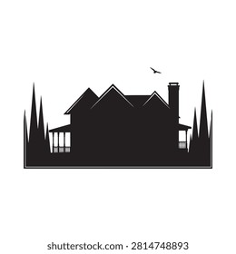House Silhouette With Trees And Bird Against White Background