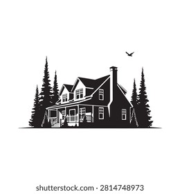 House Silhouette With Trees And Bird Against White Background