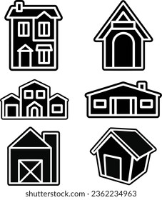 Conjunto vectorial de silueta de la casa, conjunto de pictogramas negros de la casa, símbolo de silueta de construcción sobre fondo blanco.