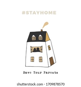 A house with silhouettes of elderly people in the window. Covid-19. Vector colored illustration. Stay home on quarantine during the coronavirus pandemic. Covid-19.