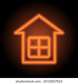 Casa simple icono. Diseño plano. Neón naranja sobre fondo negro.ai