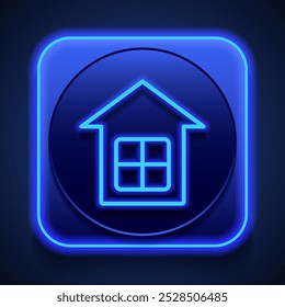 House simple icon. Flat design. Blue neon style on button. With shadow.ai