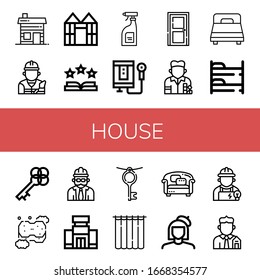 house simple icons set. Contains such icons as Hut, Builder, Greenhouse, Rate, Cleaning products, Water heater, Door, Painter, Bed, Bunk bed, can be used for web, mobile and logo