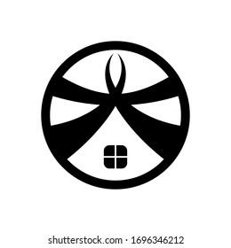Plantilla del logotipo de simplicidad de la casa con el símbolo del emblema kamon japonés en una ilustración monográfica de diseño plano