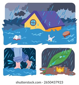 House sinking in flood water, legs walking through flood water, and baby chicken take shelter drawing set. Simple flat cartoon art styled colorful illustration bundle.