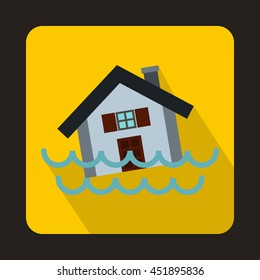 House sinking in a water icon in flat style on a yellow background