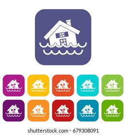 House sinking in a water icons set vector illustration in flat style In colors red, blue, green and other