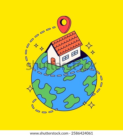A house sitting on top of the Earth with a location marker cartoon hand drawn illustration for home marker on maps