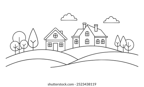House situated on a gently sloping hill, showcasing a serene landscape continuous line art flat vector illustration.