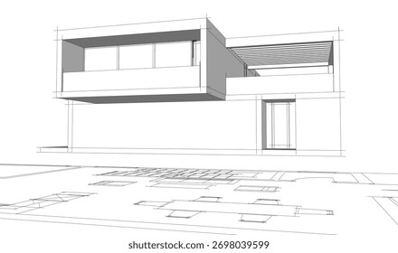 Bosquejo de la casa 3d renderizado arquitectónico