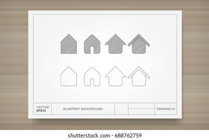 House sketch icon on blueprint paper with wood background. Vector construction graphic idea.