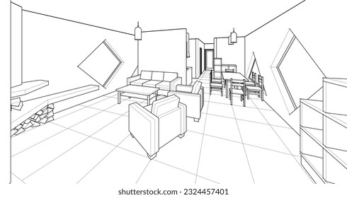 house sketch interior 3d illustration