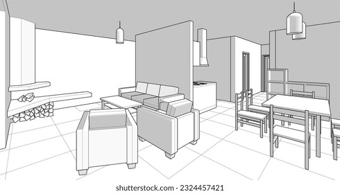 house sketch interior 3d illustration