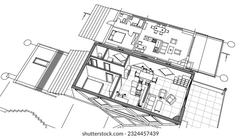 house sketch interior 3d illustration