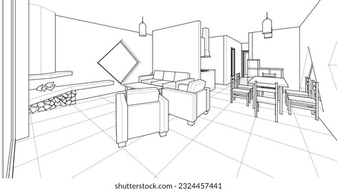 house sketch interior 3d illustration
