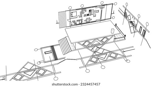 house sketch interior 3d illustration