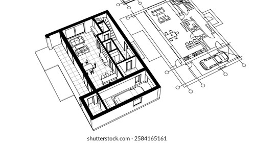 house sketch plan 3d illustration