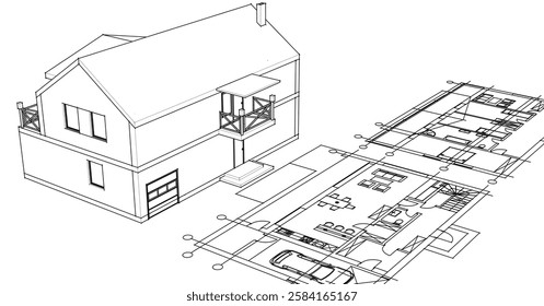 house sketch plan 3d illustration