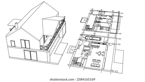 house sketch plan 3d illustration