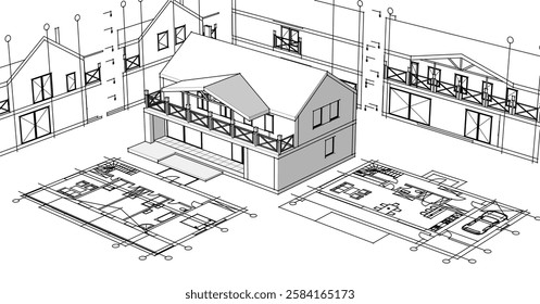 house sketch plan 3d illustration