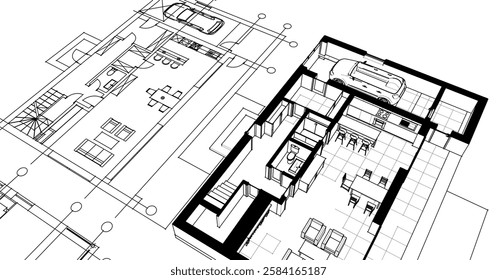 house sketch plan 3d illustration