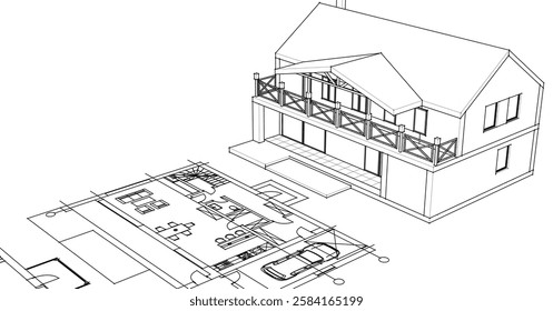 house sketch plan 3d illustration