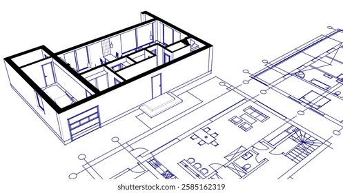  house sketch plan 3d illustration