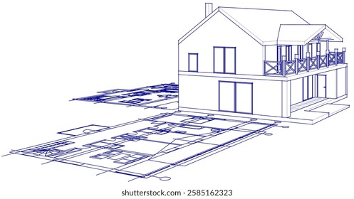  house sketch plan 3d illustration