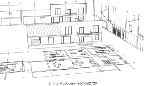 Plan de croquis de casa 3D renderizado