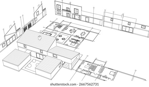 Plan de croquis de casa 3D renderizado