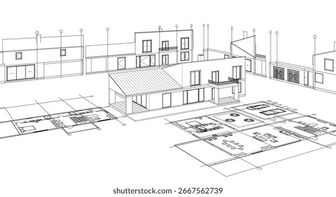 Plan de croquis de casa 3D renderizado