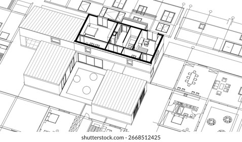 Plan de croquis de casa 3D renderizado	