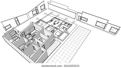  house sketch project facades plan 3d illustration