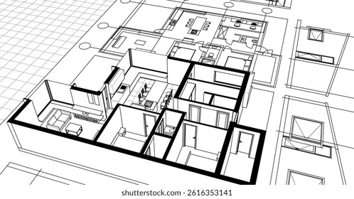  house sketch project facades plan 3d illustration