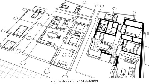  house sketch project facades plan 3d illustration