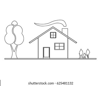 house sketch vector with chimney and smoke from fireplace 