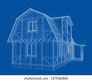House sketch. Vector rendering of 3d. Wire-frame style