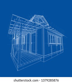 House sketch. Vector rendering of 3d. Wire-frame style