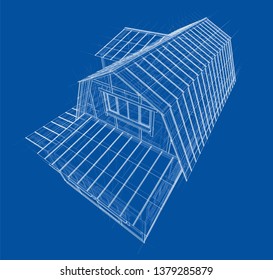 House sketch. Vector rendering of 3d. Wire-frame style