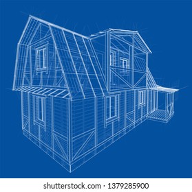 House sketch. Vector rendering of 3d. Wire-frame style