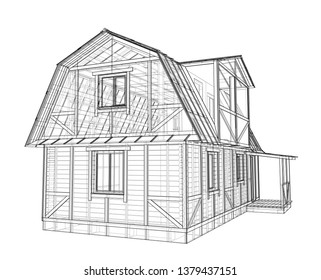 House sketch. Vector rendering of 3d. Wire-frame style