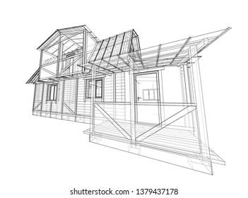 House sketch. Vector rendering of 3d. Wire-frame style