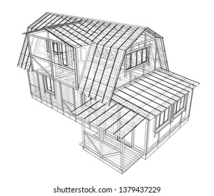 House sketch. Vector rendering of 3d. Wire-frame style