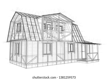 House sketch. Vector rendering of 3d. Wire-frame style