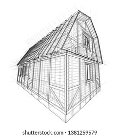 House sketch. Vector rendering of 3d. Wire-frame style